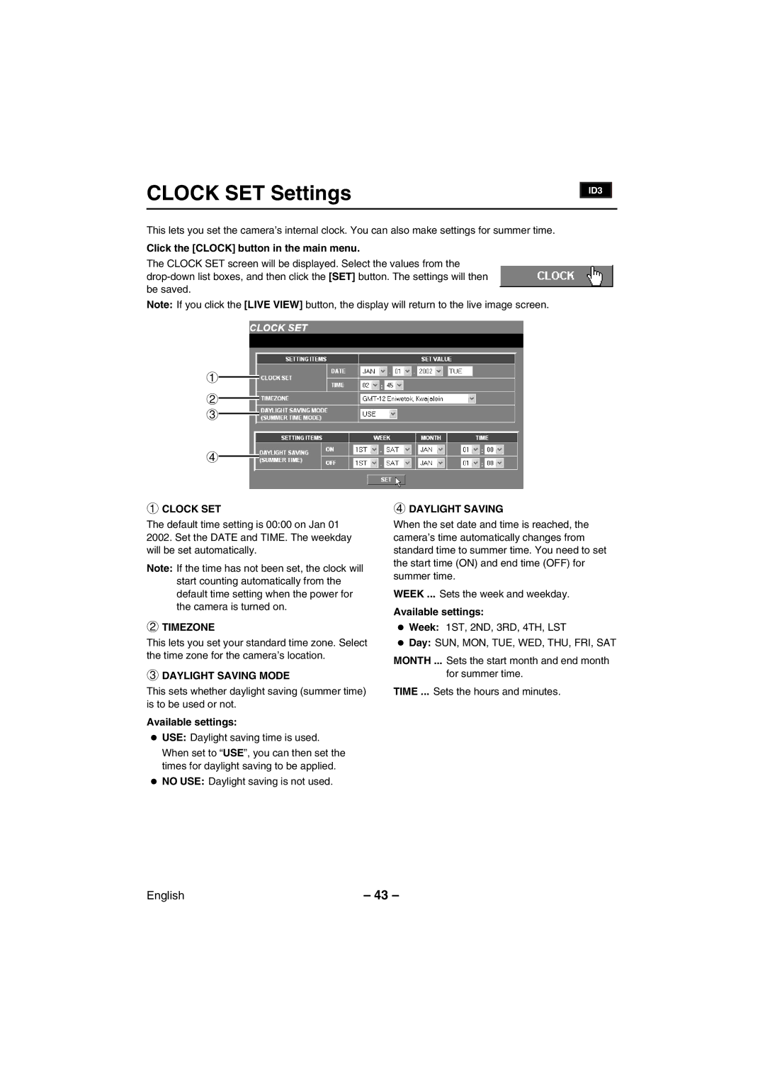 Sanyo VCC-WB2000 instruction manual Clock SET Settings, Timezone, Daylight Saving Mode 