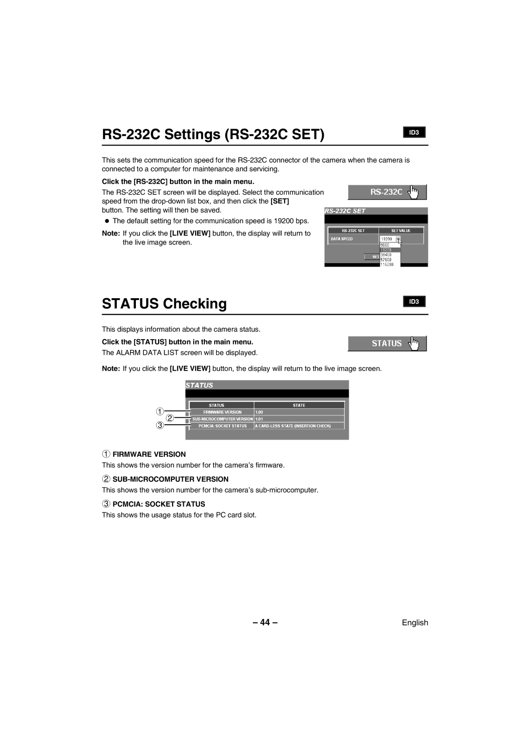 Sanyo VCC-WB2000 RS-232C Settings RS-232C SET, Status Checking, Firmware Version, SUB-MICROCOMPUTER Version 