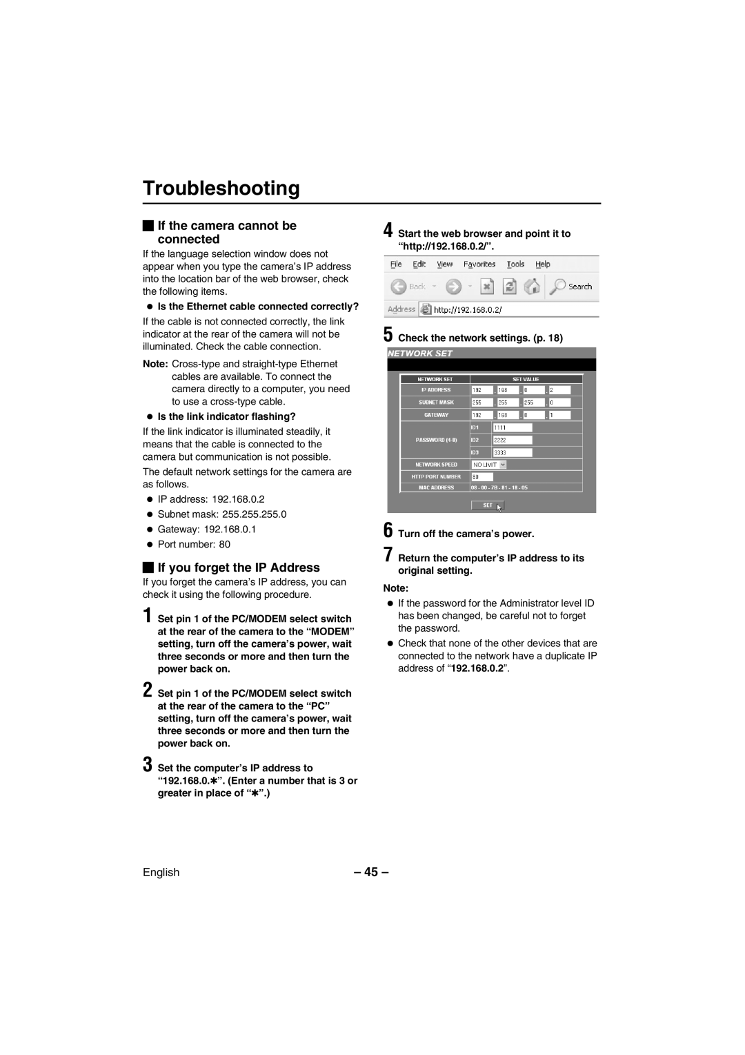 Sanyo VCC-WB2000 instruction manual Troubleshooting, If the camera cannot be connected, If you forget the IP Address 