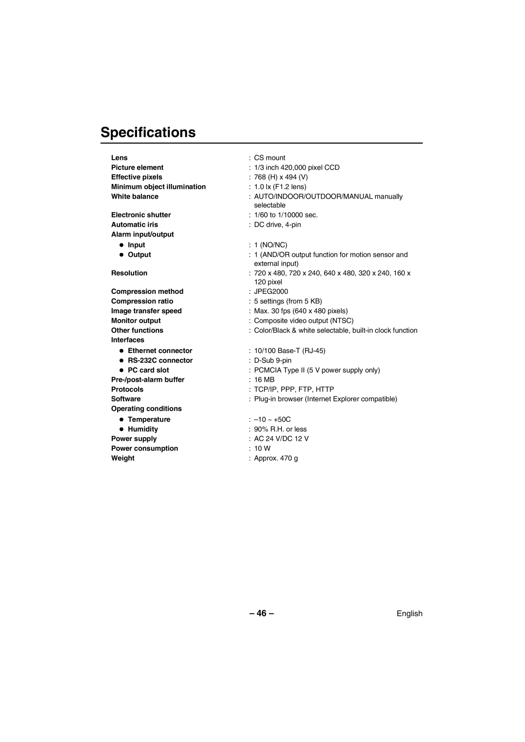 Sanyo VCC-WB2000 instruction manual Specifications 