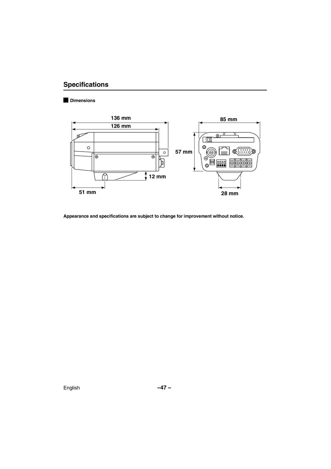 Sanyo VCC-WB2000 instruction manual Specifications, 136 mm 85 mm 126 mm 57 mm 12 mm 51 mm, Dimensions 