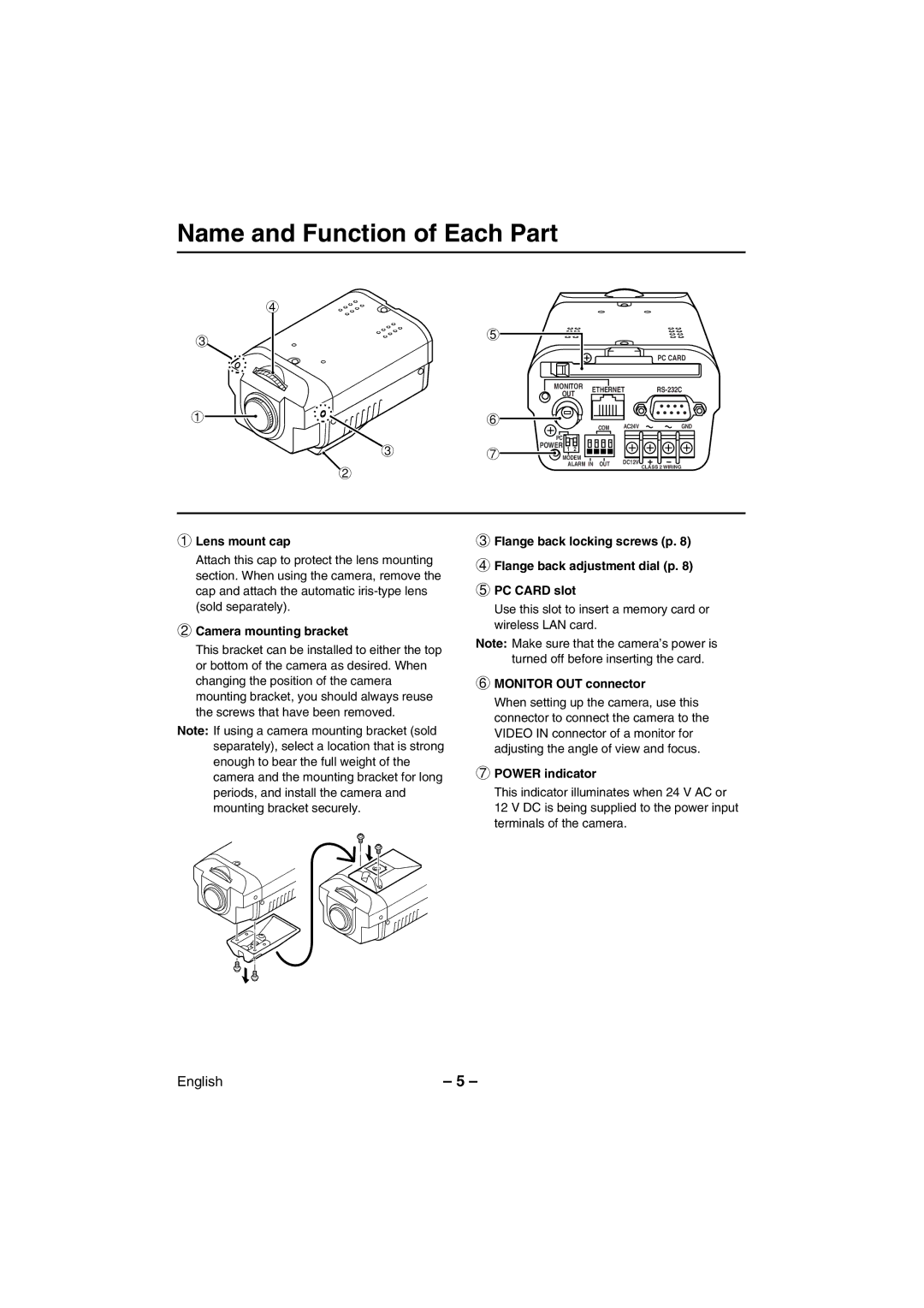 Sanyo VCC-WB2000 Name and Function of Each Part, Lens mount cap, Camera mounting bracket, Monitor OUT connector 