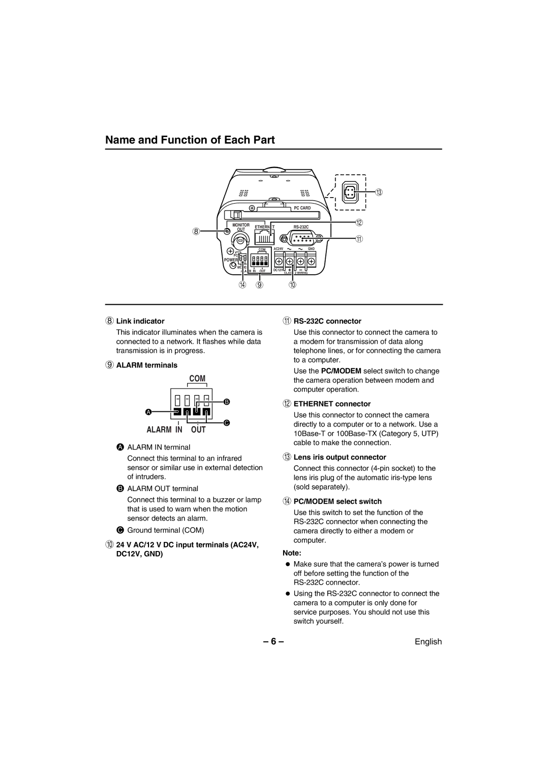 Sanyo VCC-WB2000 instruction manual Name and Function of Each Part 