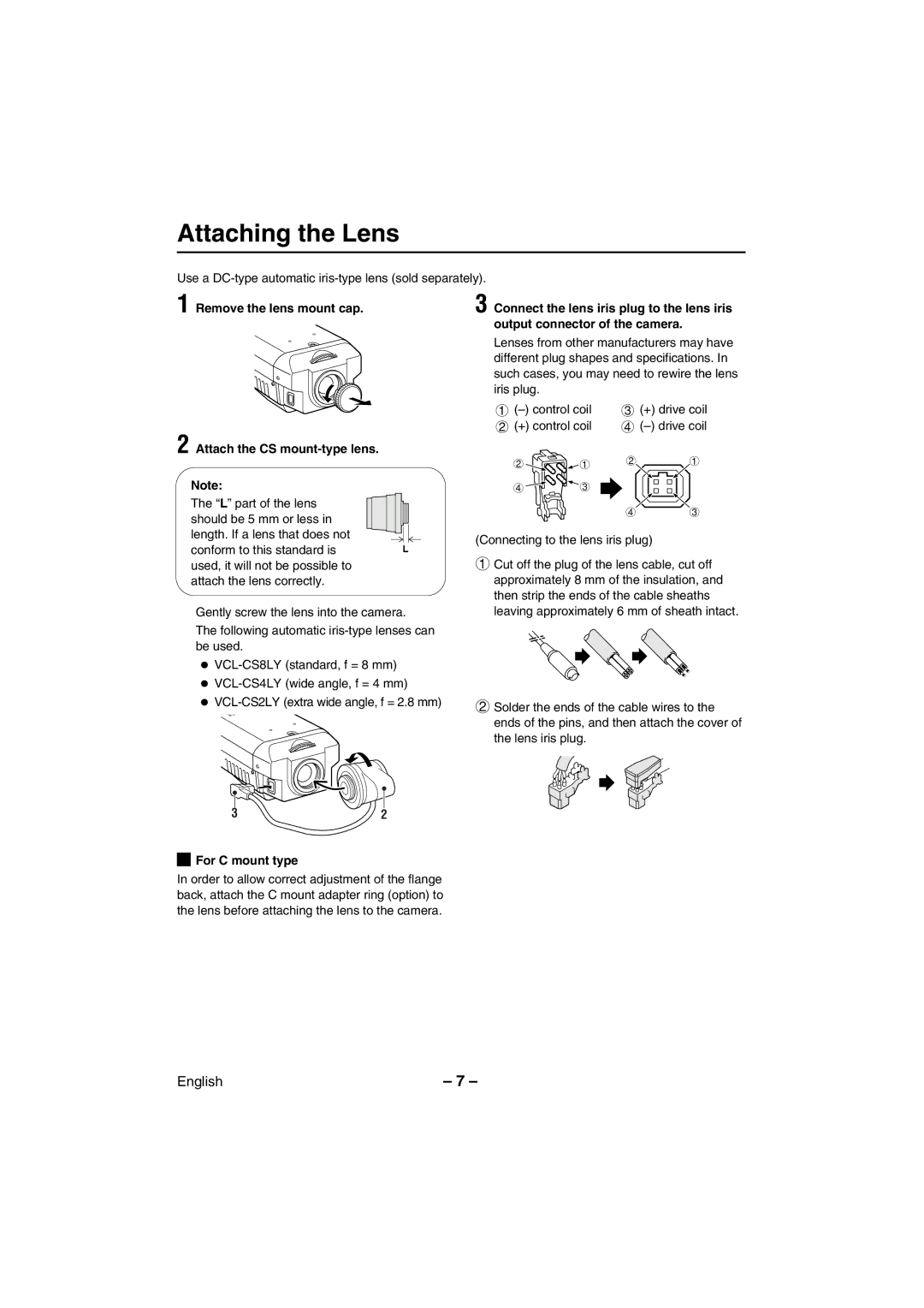 Sanyo VCC-WB2000 instruction manual Attaching the Lens, Attach the CS mount-type lens, For C mount type 