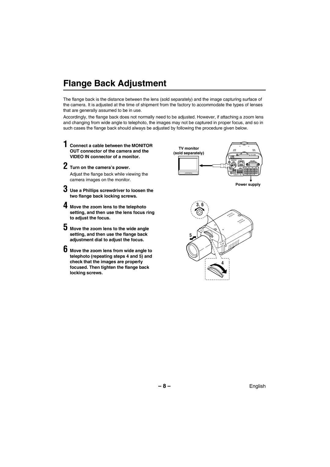 Sanyo VCC-WB2000 instruction manual Flange Back Adjustment, Turn on the camera’s power 