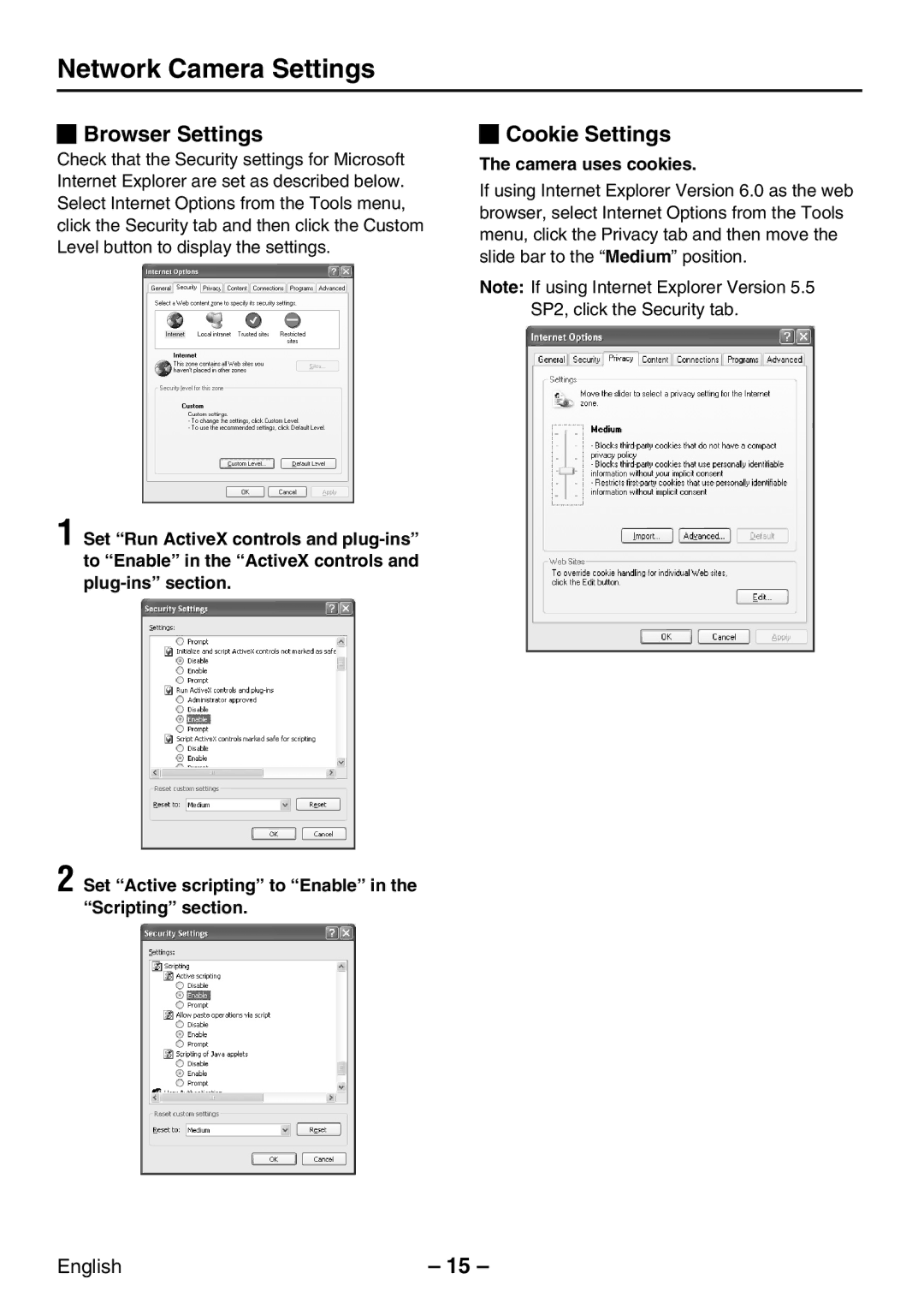 Sanyo VCC-WB2000P instruction manual Browser Settings, Cookie Settings, Camera uses cookies 