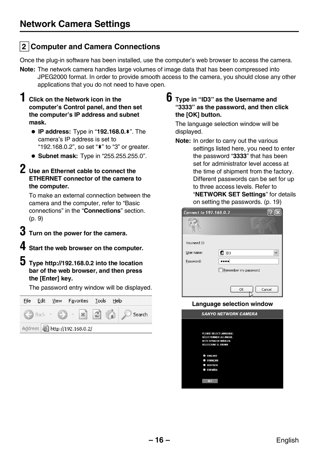 Sanyo VCC-WB2000P instruction manual Computer and Camera Connections, Language selection window 