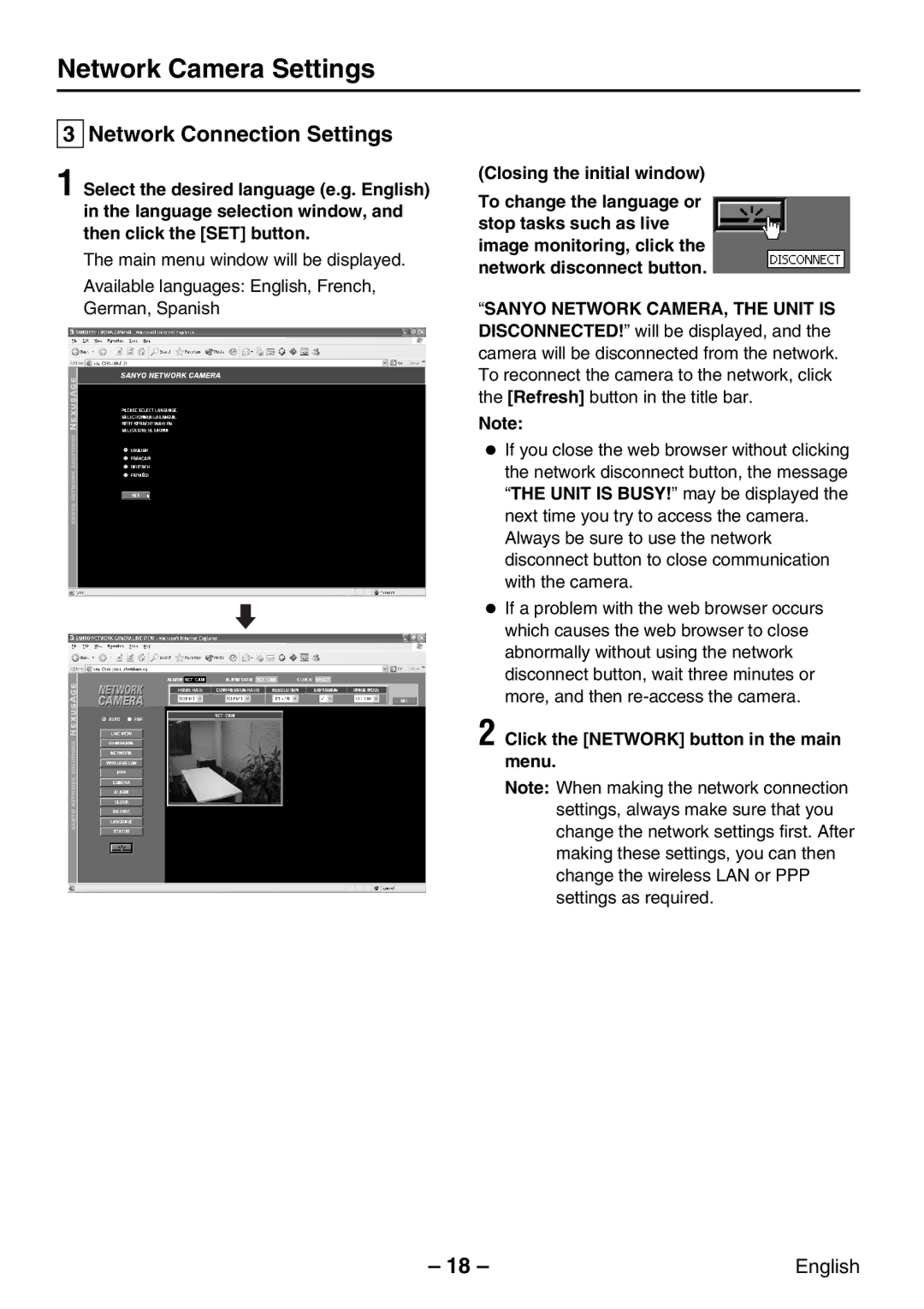 Sanyo VCC-WB2000P Network Connection Settings, Closing the initial window, Sanyo Network CAMERA, the Unit is 