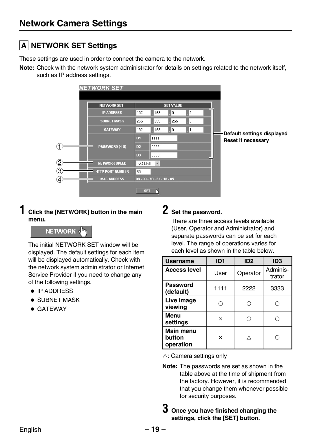 Sanyo VCC-WB2000P instruction manual Network SET Settings, ID1 ID2 ID3 