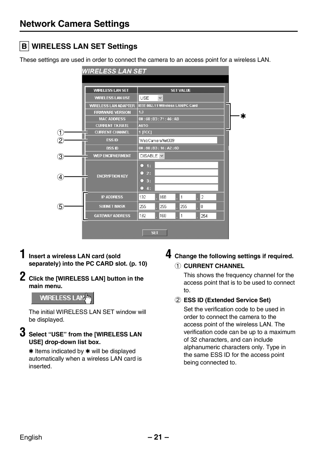 Sanyo VCC-WB2000P instruction manual Wireless LAN SET Settings, Current Channel 