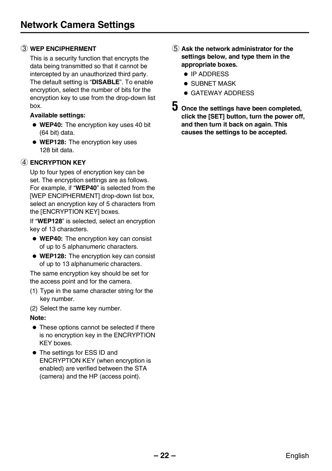 Sanyo VCC-WB2000P instruction manual WEP Encipherment, Encryption KEY 