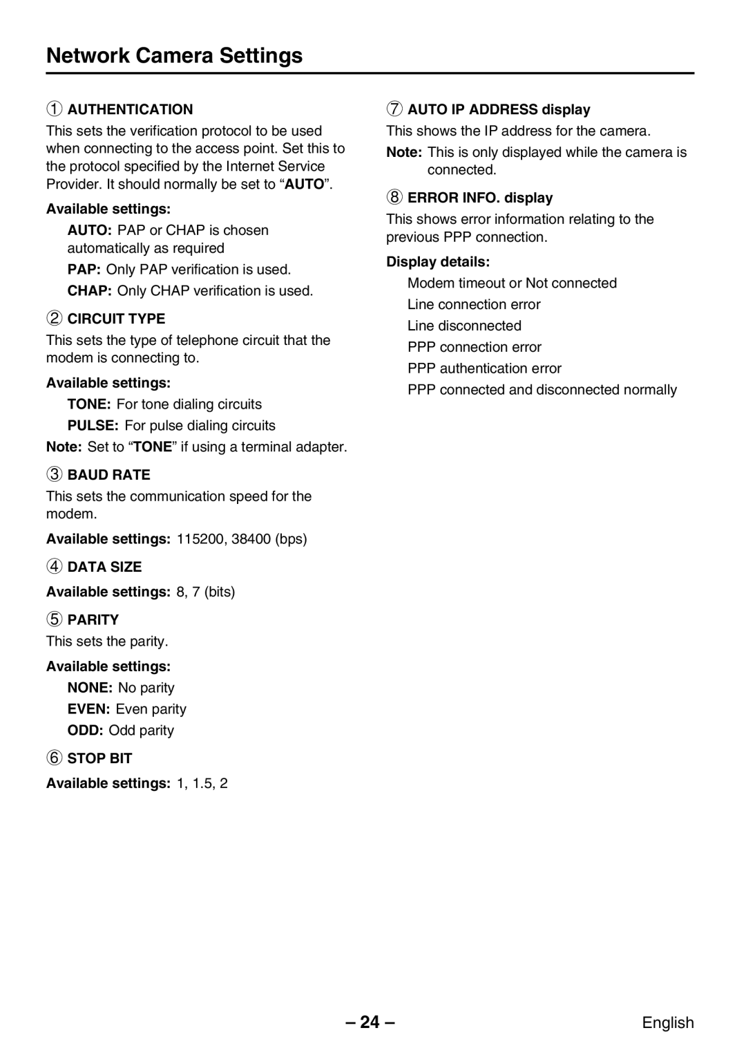 Sanyo VCC-WB2000P instruction manual Authentication, Circuit Type, Baud Rate, Data Size, Parity, Stop BIT 