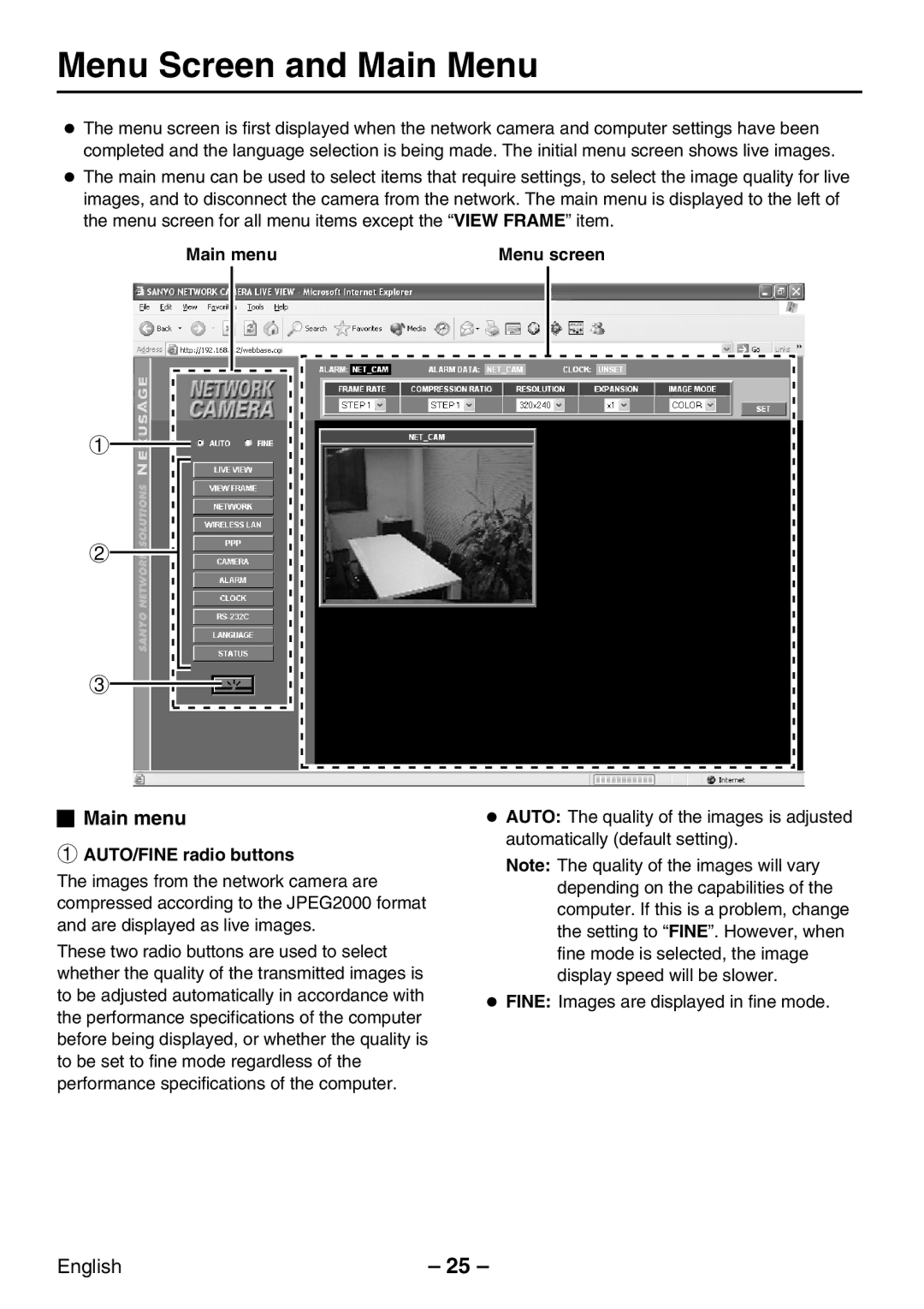 Sanyo VCC-WB2000P instruction manual Menu Screen and Main Menu, AUTO/FINE radio buttons 