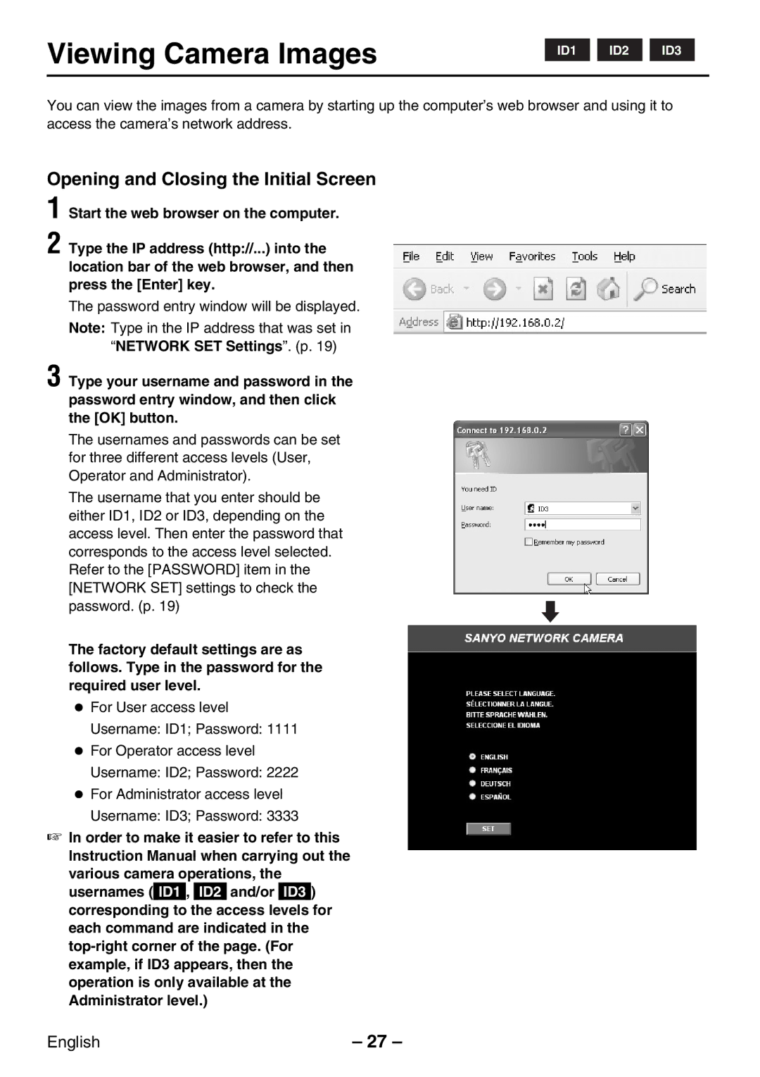 Sanyo VCC-WB2000P instruction manual Viewing Camera Images, Opening and Closing the Initial Screen 