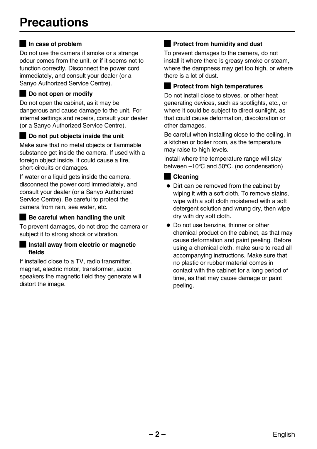 Sanyo VCC-WB2000P instruction manual Precautions 