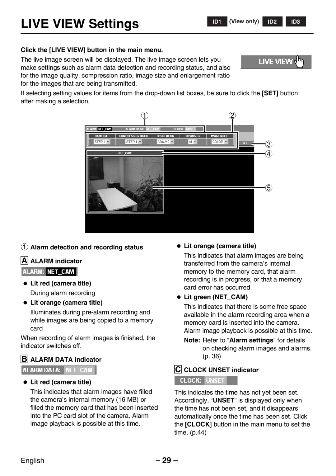 Sanyo VCC-WB2000P Live View Settings, Click the Live View button in the main menu, Lit green Netcam, Clock Unset indicator 