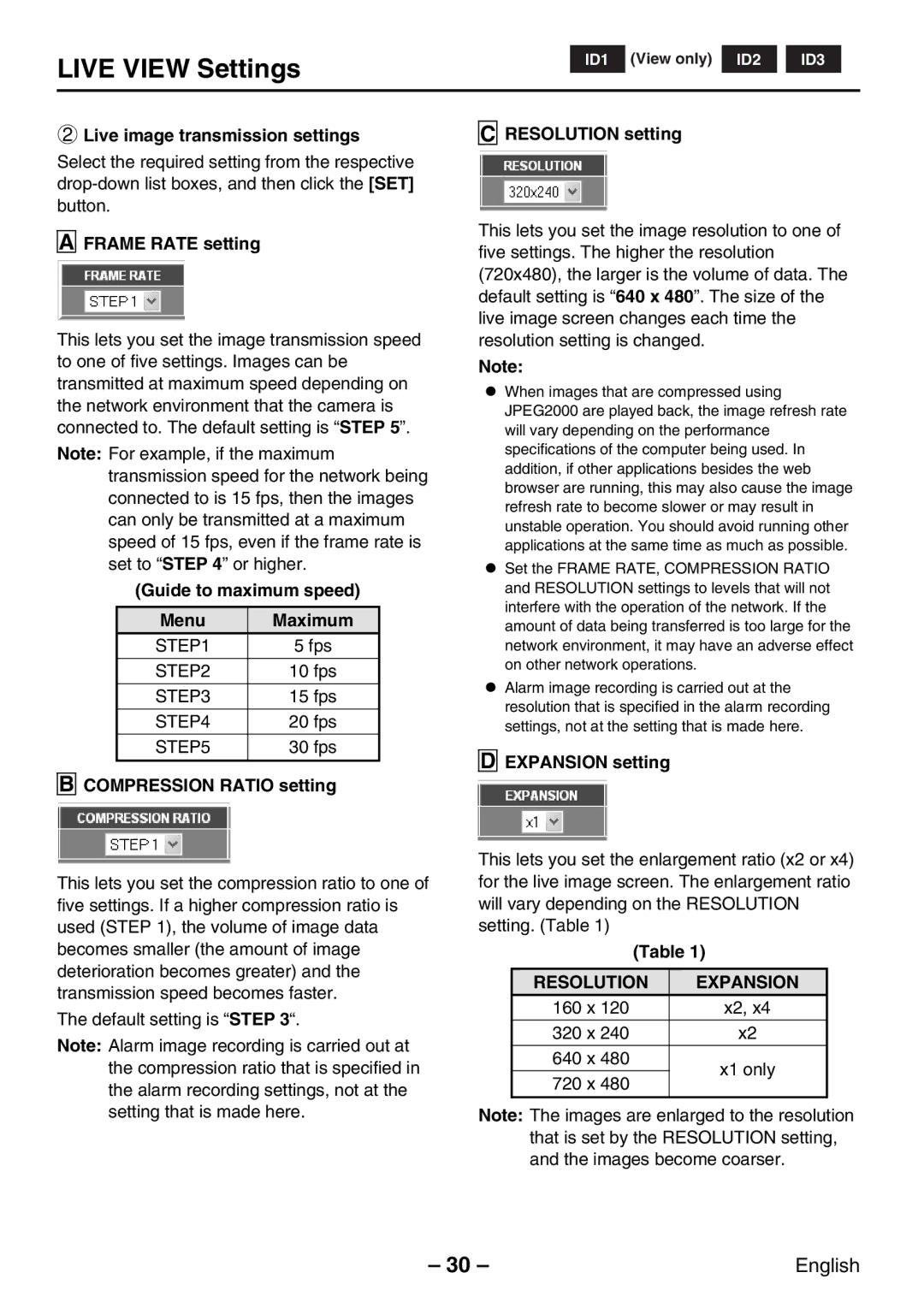 Sanyo VCC-WB2000P instruction manual Live View Settings, Resolution Expansion 