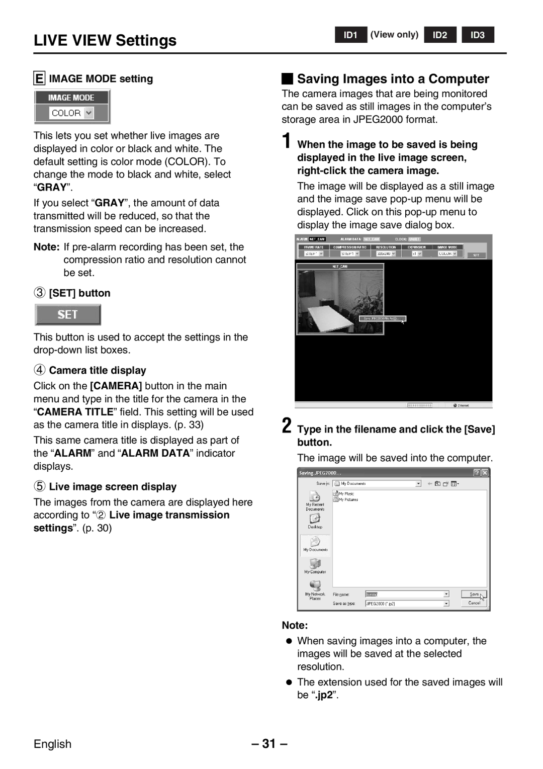 Sanyo VCC-WB2000P instruction manual Image Mode setting, SET button, Camera title display, Live image screen display 