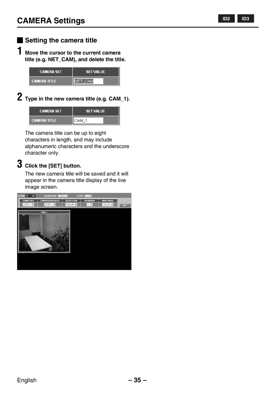 Sanyo VCC-WB2000P instruction manual Setting the camera title, Type in the new camera title e.g. CAM1, Click the SET button 