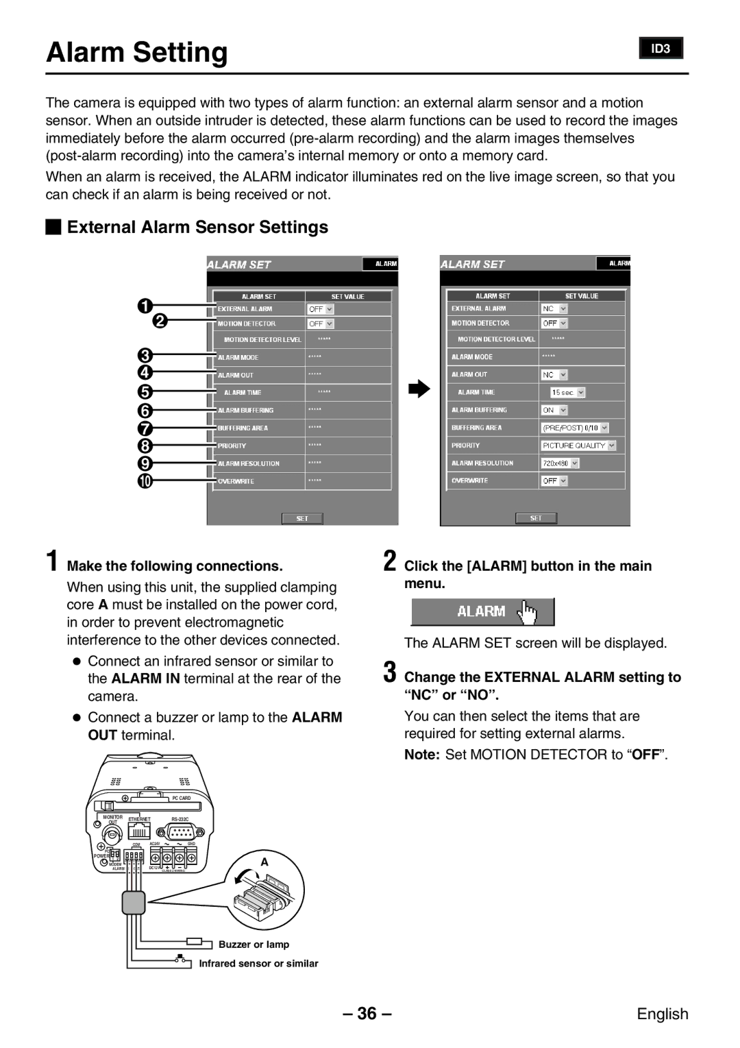 Sanyo VCC-WB2000P instruction manual Alarm Setting, External Alarm Sensor Settings, Make the following connections 