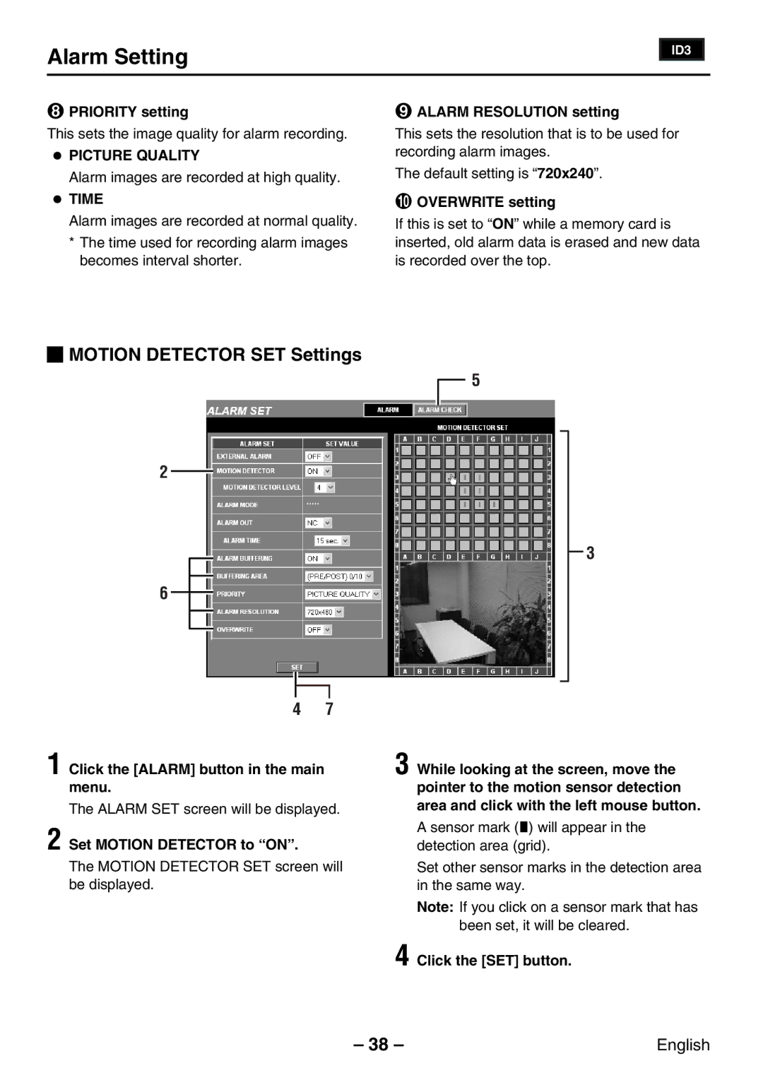 Sanyo VCC-WB2000P instruction manual Motion Detector SET Settings, Picture Quality, Time 