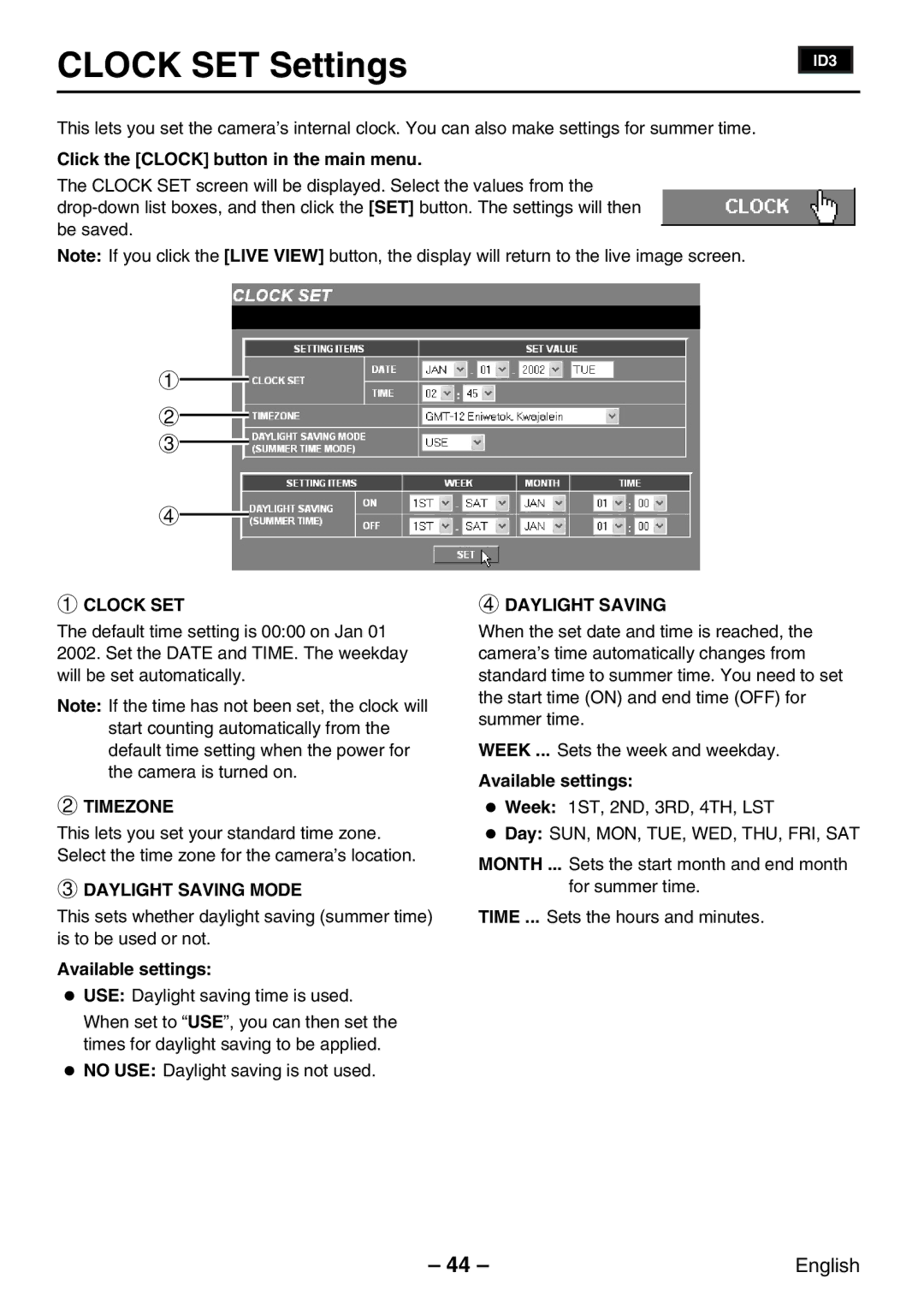 Sanyo VCC-WB2000P instruction manual Clock SET Settings, Timezone, Daylight Saving Mode 