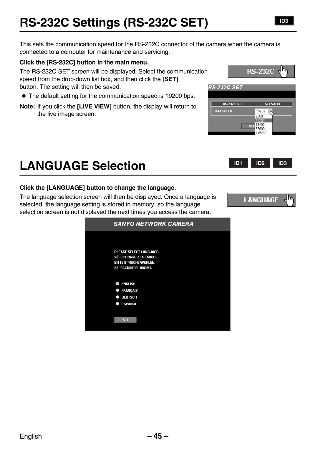 Sanyo VCC-WB2000P RS-232C Settings RS-232C SET, Language Selection, Click the RS-232C button in the main menu 