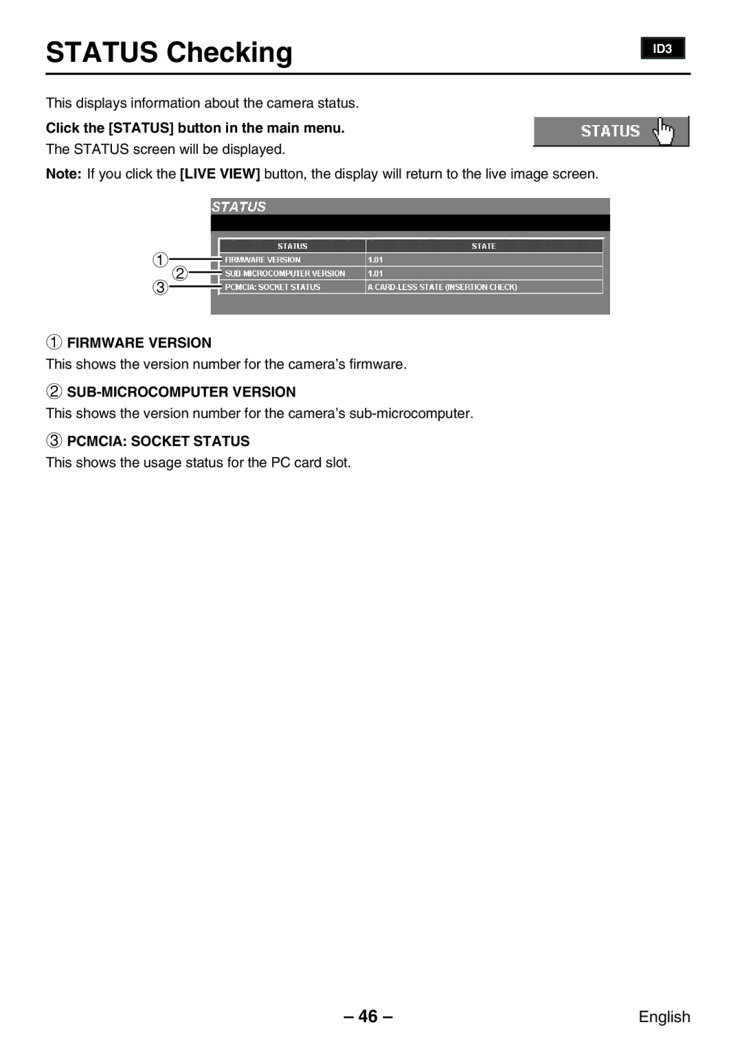 Sanyo VCC-WB2000P Status Checking, Click the Status button in the main menu, Firmware Version, SUB-MICROCOMPUTER Version 