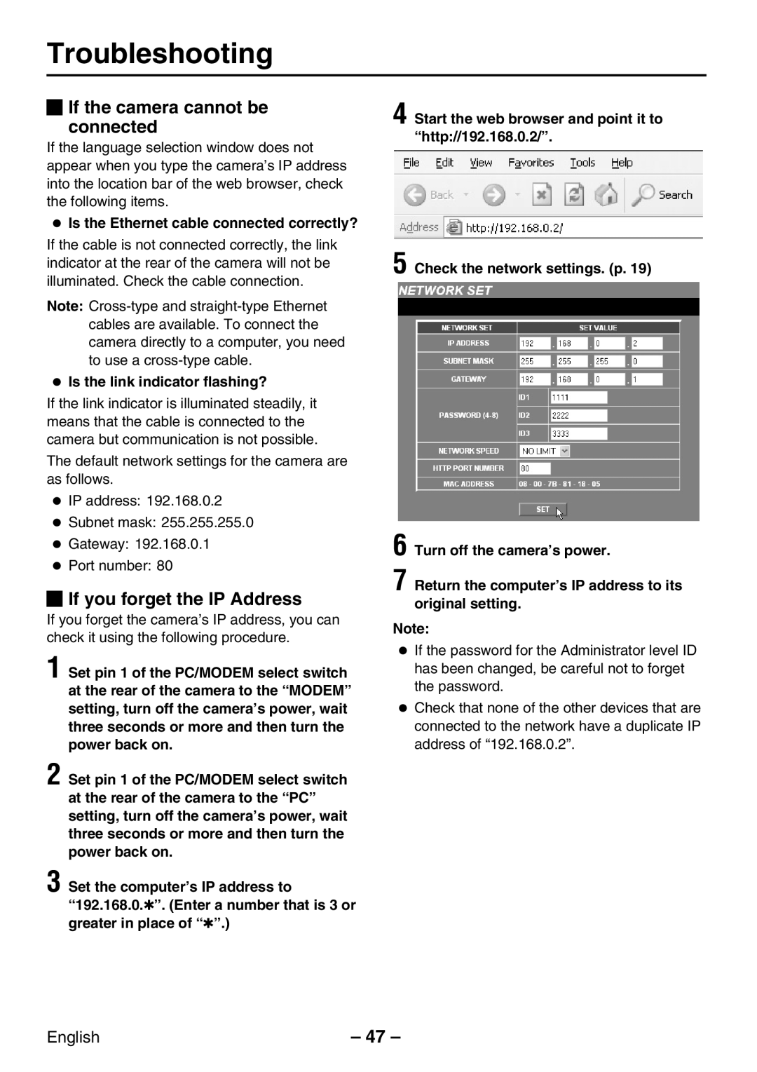 Sanyo VCC-WB2000P instruction manual Troubleshooting, If the camera cannot be connected, If you forget the IP Address 