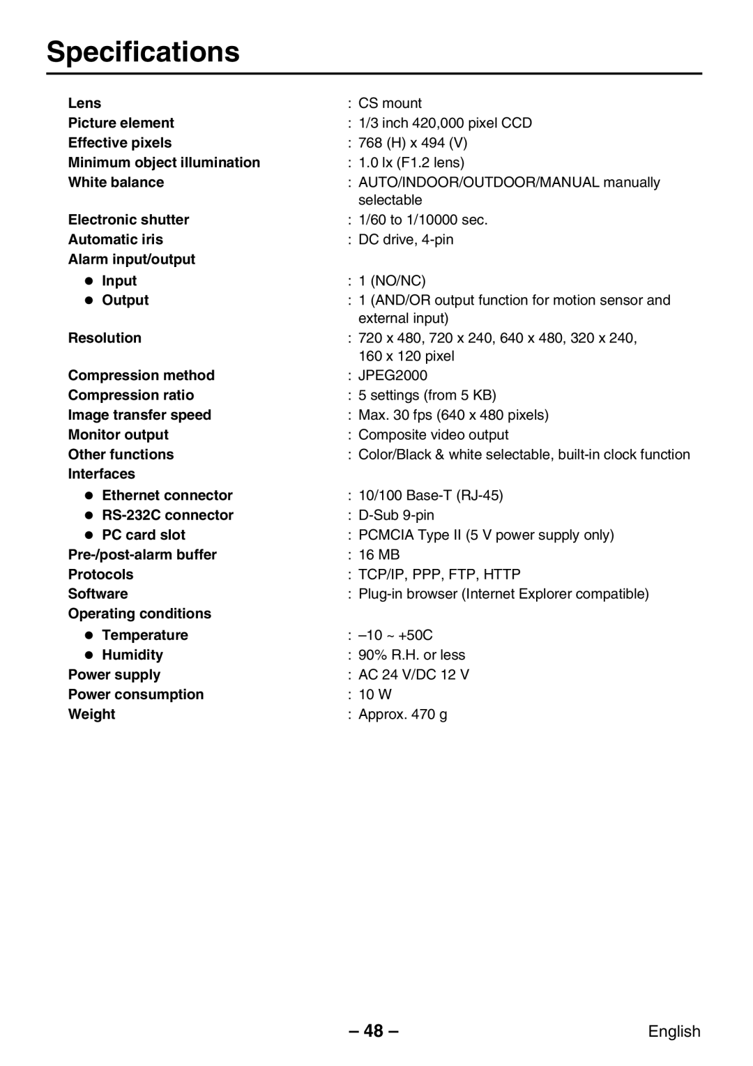 Sanyo VCC-WB2000P instruction manual Specifications 