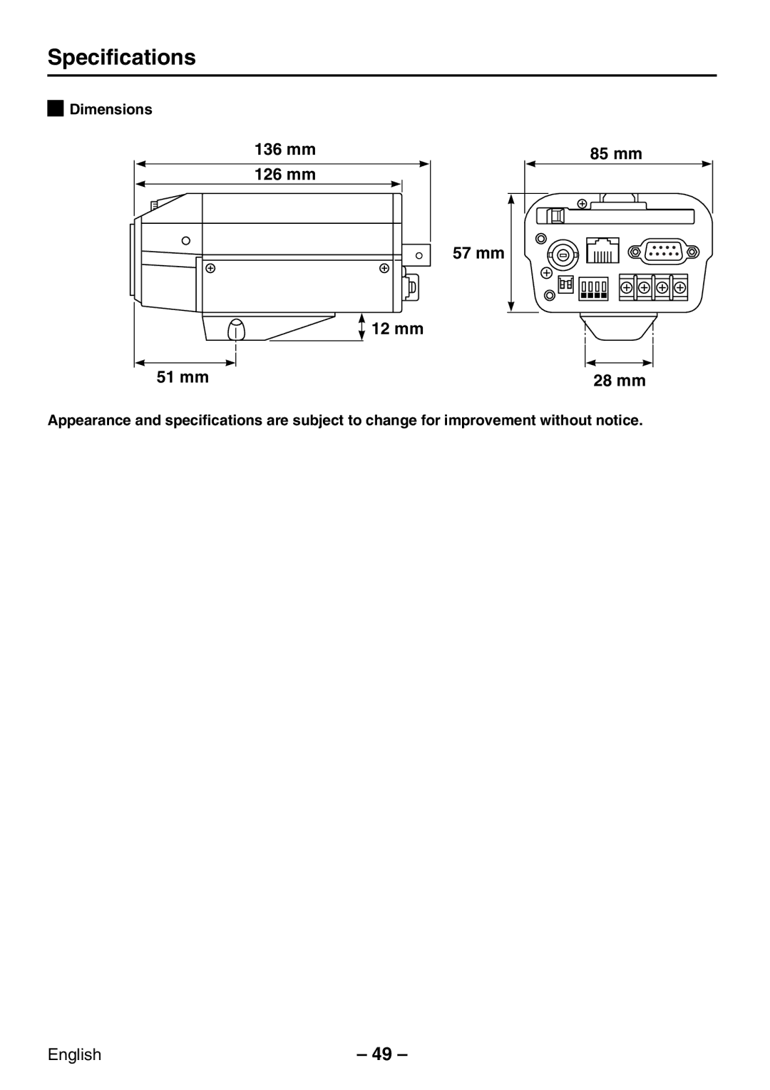 Sanyo VCC-WB2000P instruction manual Specifications, Dimensions, 28 mm 