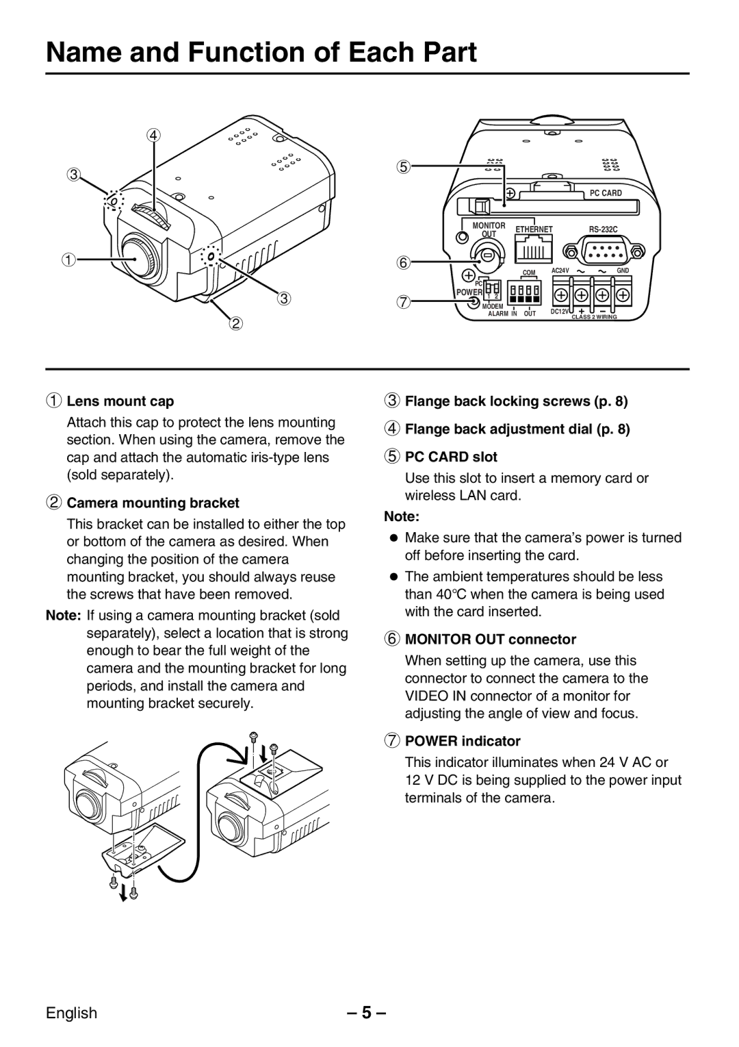 Sanyo VCC-WB2000P Name and Function of Each Part, Lens mount cap, Camera mounting bracket, Monitor OUT connector 