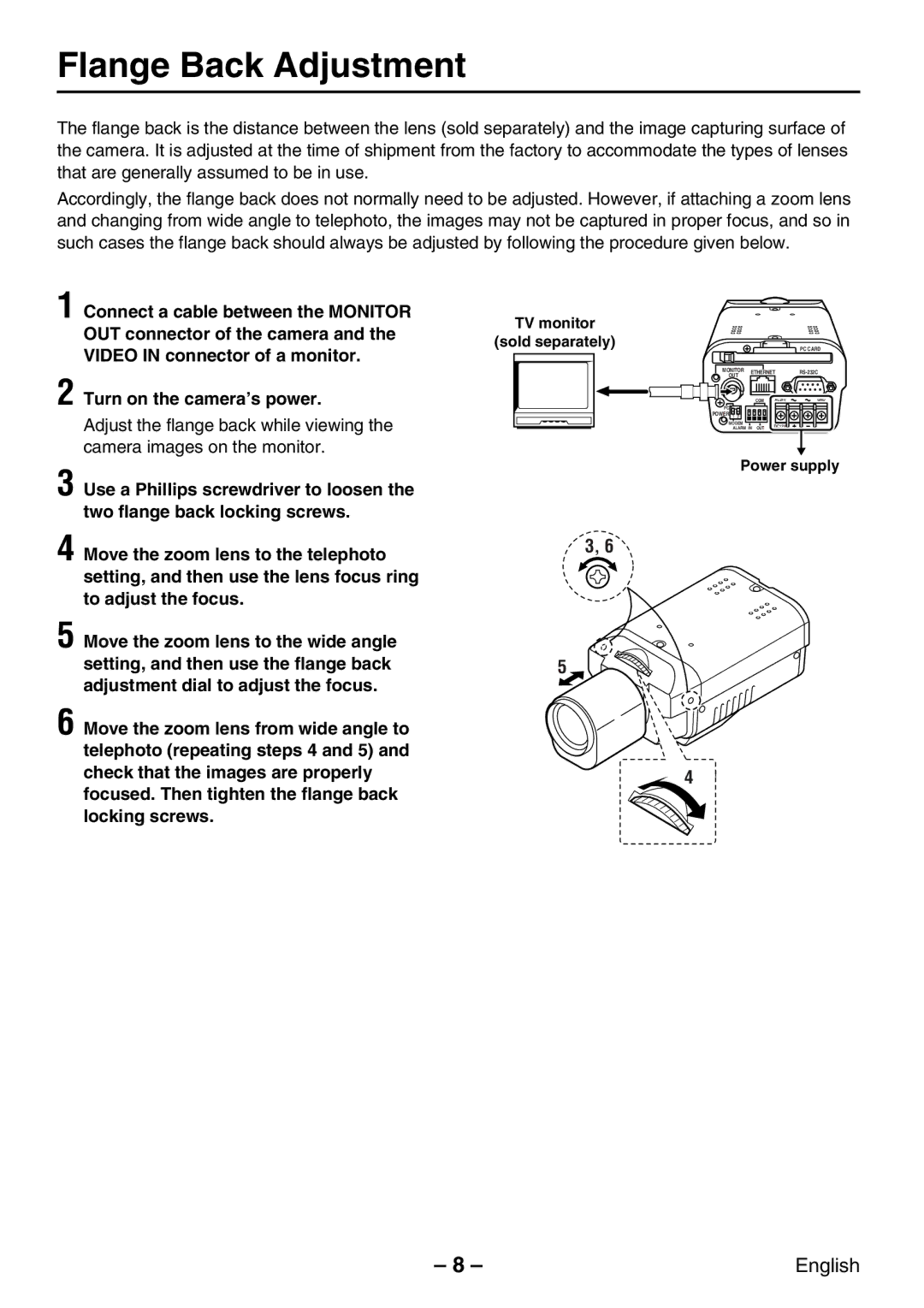 Sanyo VCC-WB2000P instruction manual Flange Back Adjustment, Turn on the camera’s power 