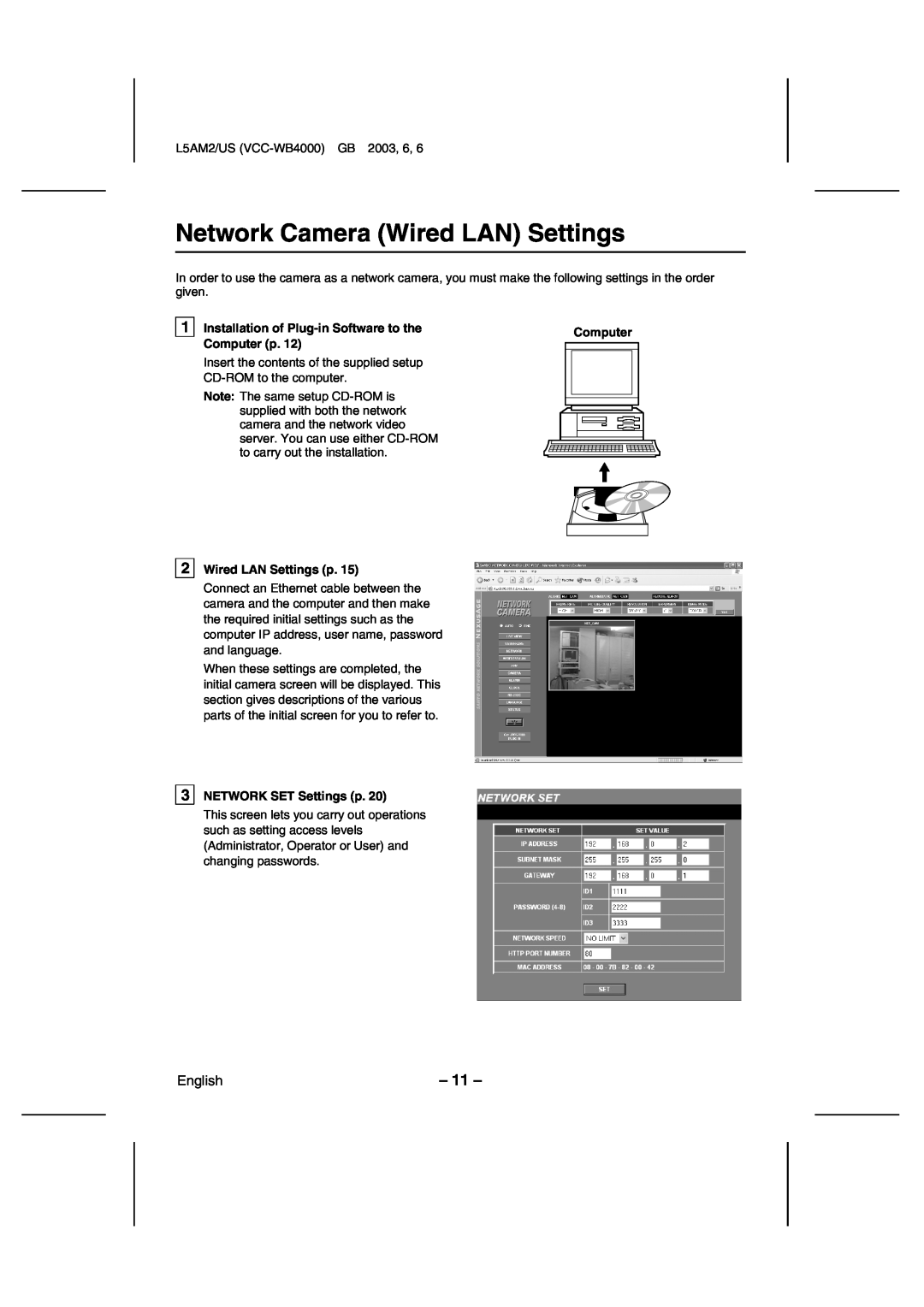 Sanyo VCC-WB4000 Network Camera Wired LAN Settings, Installation of Plug-in Software to the Computer p, English 