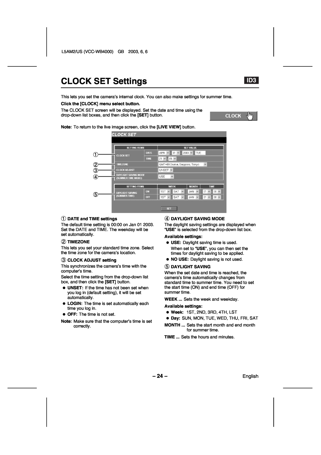 Sanyo VCC-WB4000 CLOCK SET Settings, Click the CLOCK menu select button, DATE and TIME settings, Timezone, Daylight Saving 
