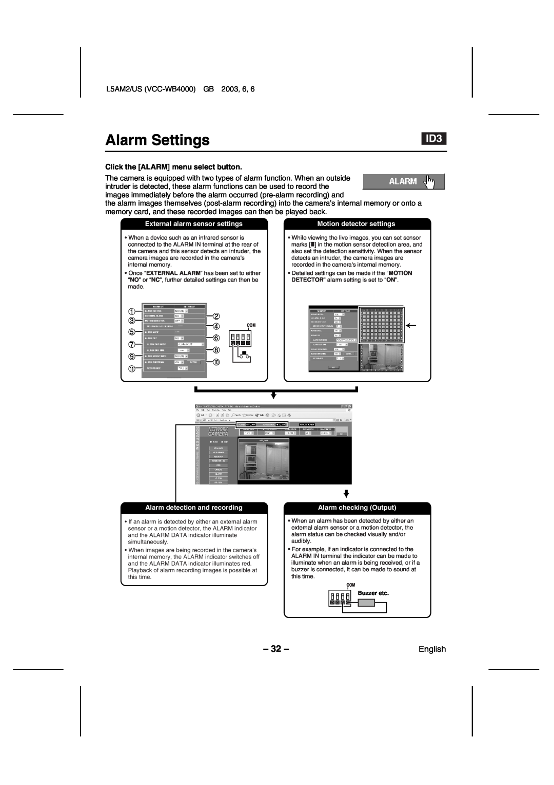 Sanyo VCC-WB4000 Alarm Settings, Click the ALARM menu select button, External alarm sensor settings, Alarm checking Output 