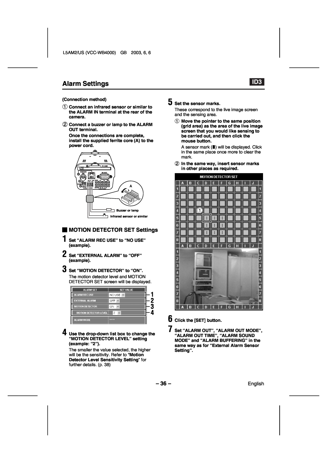 Sanyo VCC-WB4000 MOTION DETECTOR SET Settings, Connection method, Connect a buzzer or lamp to the ALARM OUT terminal 