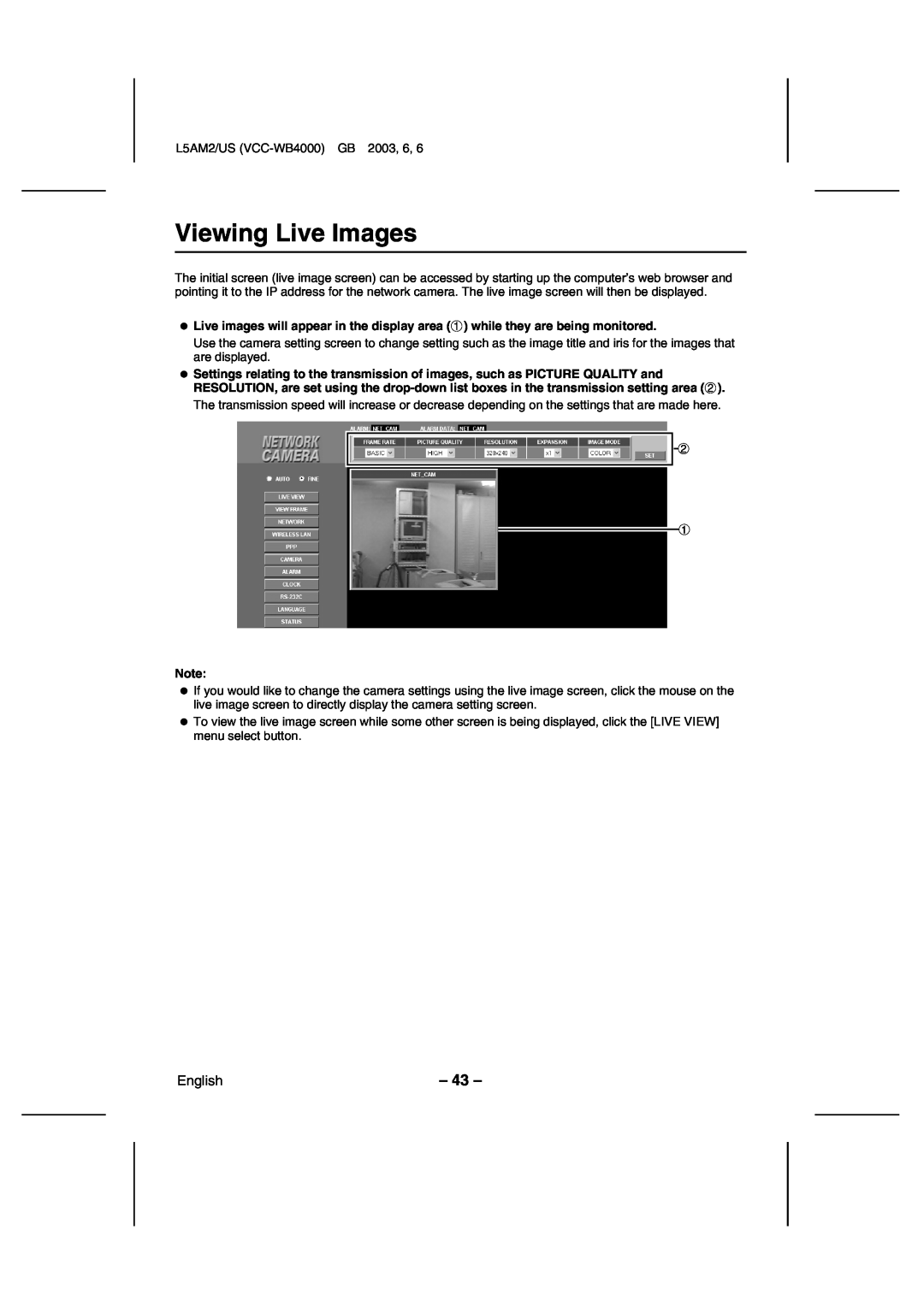 Sanyo VCC-WB4000 instruction manual Viewing Live Images, English 