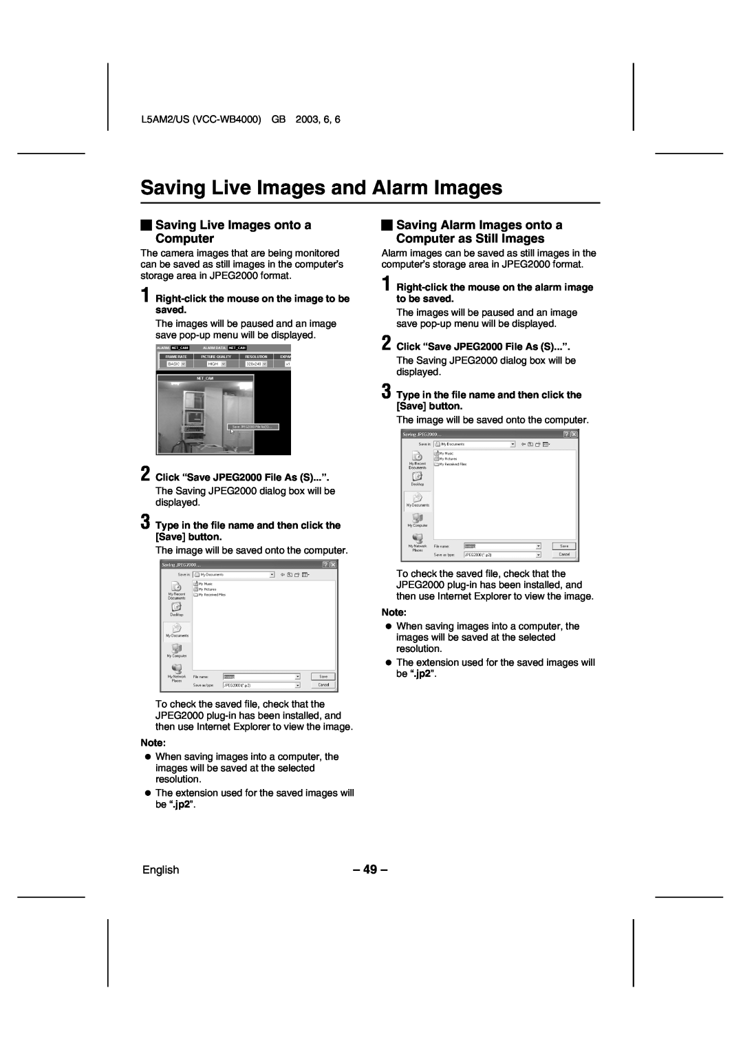 Sanyo VCC-WB4000 instruction manual Saving Live Images and Alarm Images, Saving Live Images onto a Computer, English 