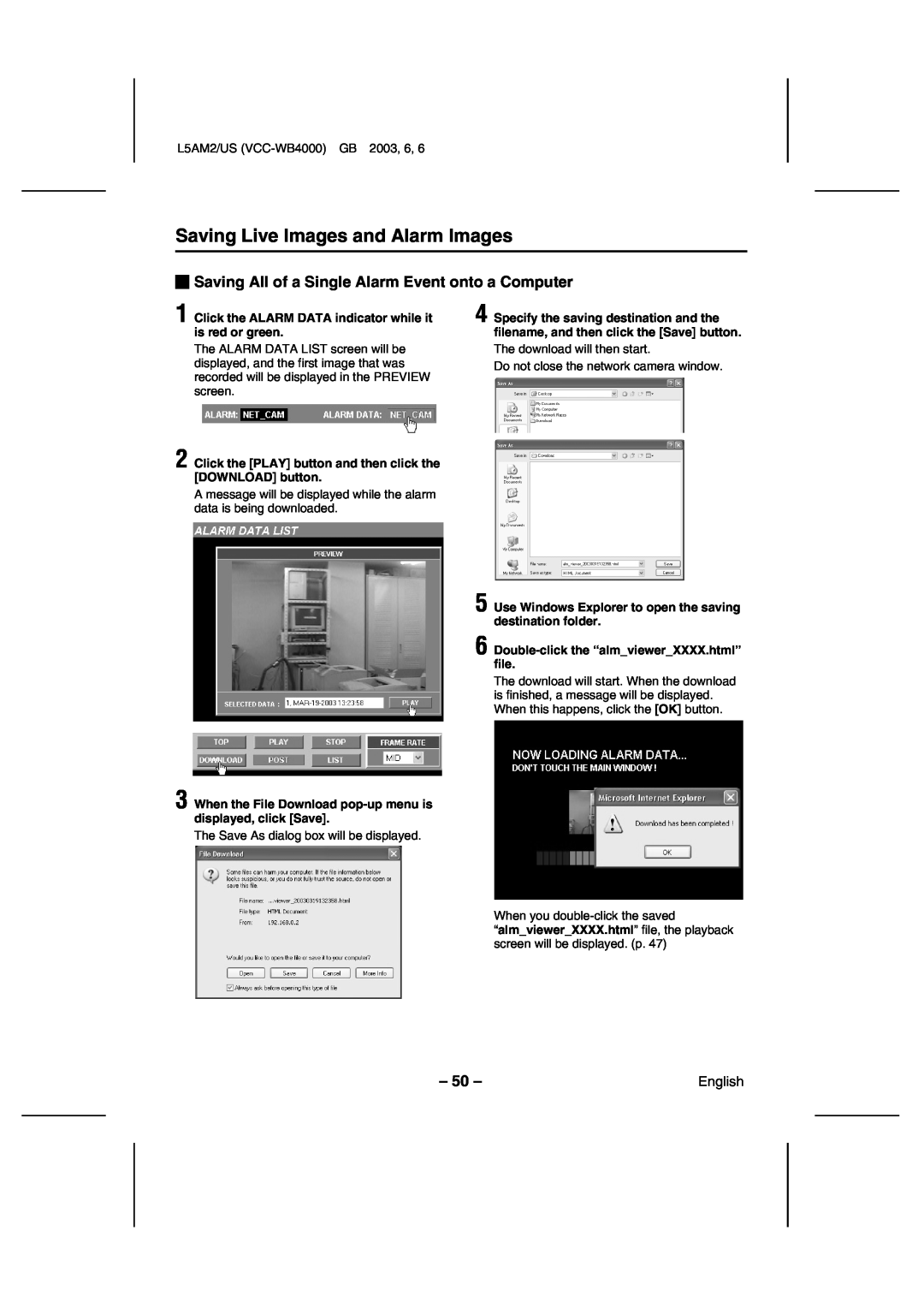Sanyo VCC-WB4000 instruction manual Saving Live Images and Alarm Images, Saving All of a Single Alarm Event onto a Computer 