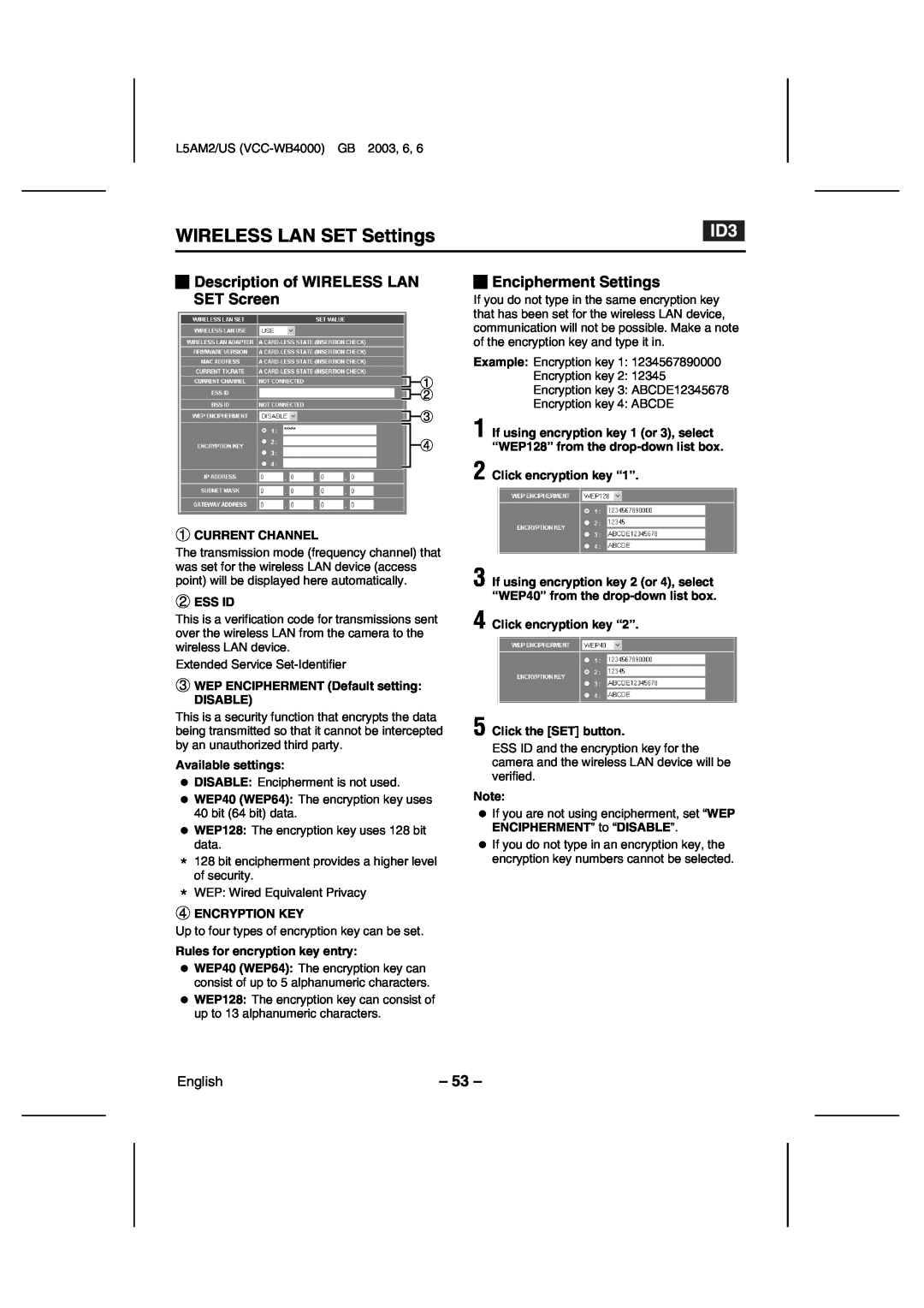 Sanyo VCC-WB4000 Description of WIRELESS LAN SET Screen, Encipherment Settings, Current Channel, Ess Id, Encryption Key 