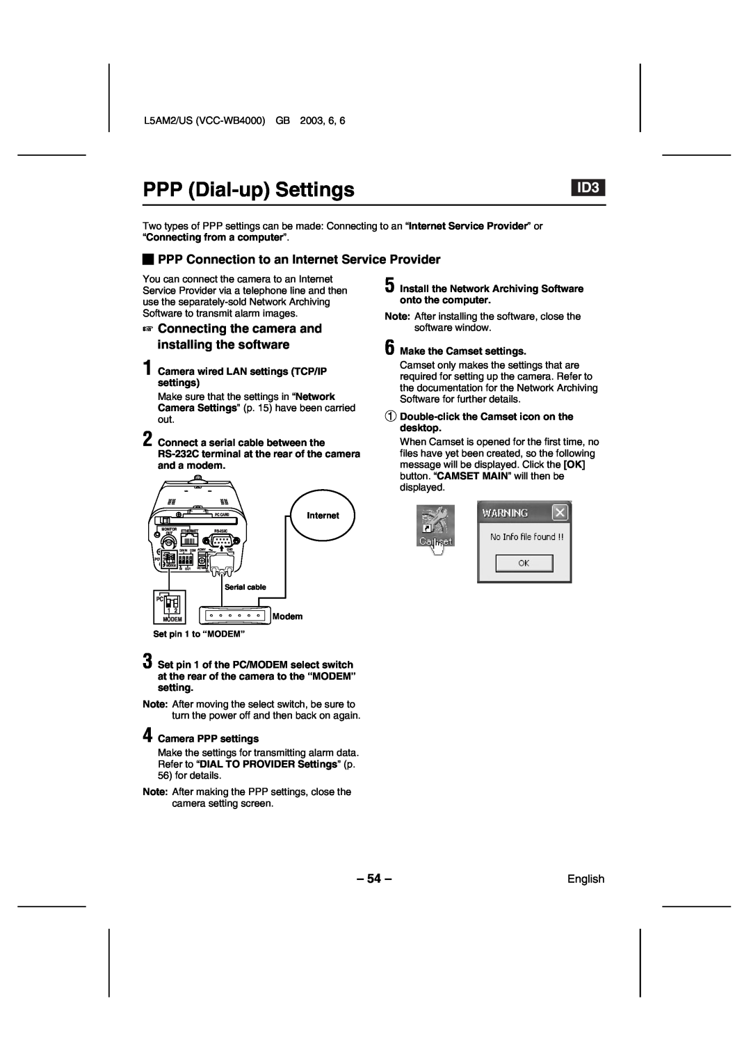 Sanyo VCC-WB4000 PPP Dial-up Settings, PPP Connection to an Internet Service Provider, Make the Camset settings 