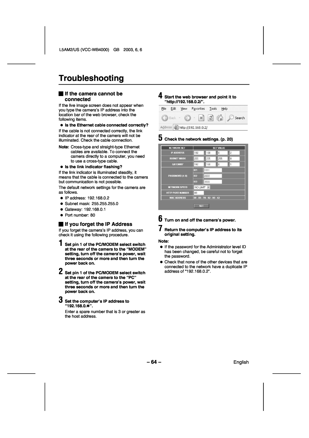 Sanyo VCC-WB4000 instruction manual Troubleshooting, If the camera cannot be connected, If you forget the IP Address 