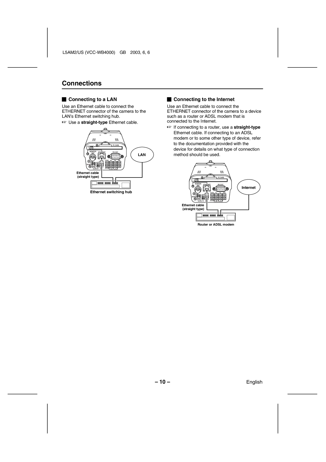 Sanyo VCC-WB4000 instruction manual Connections, Connecting to a LAN 