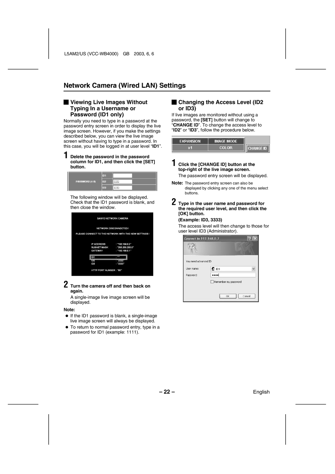 Sanyo VCC-WB4000 instruction manual Changing the Access Level ID2 or ID3, Turn the camera off and then back on again 