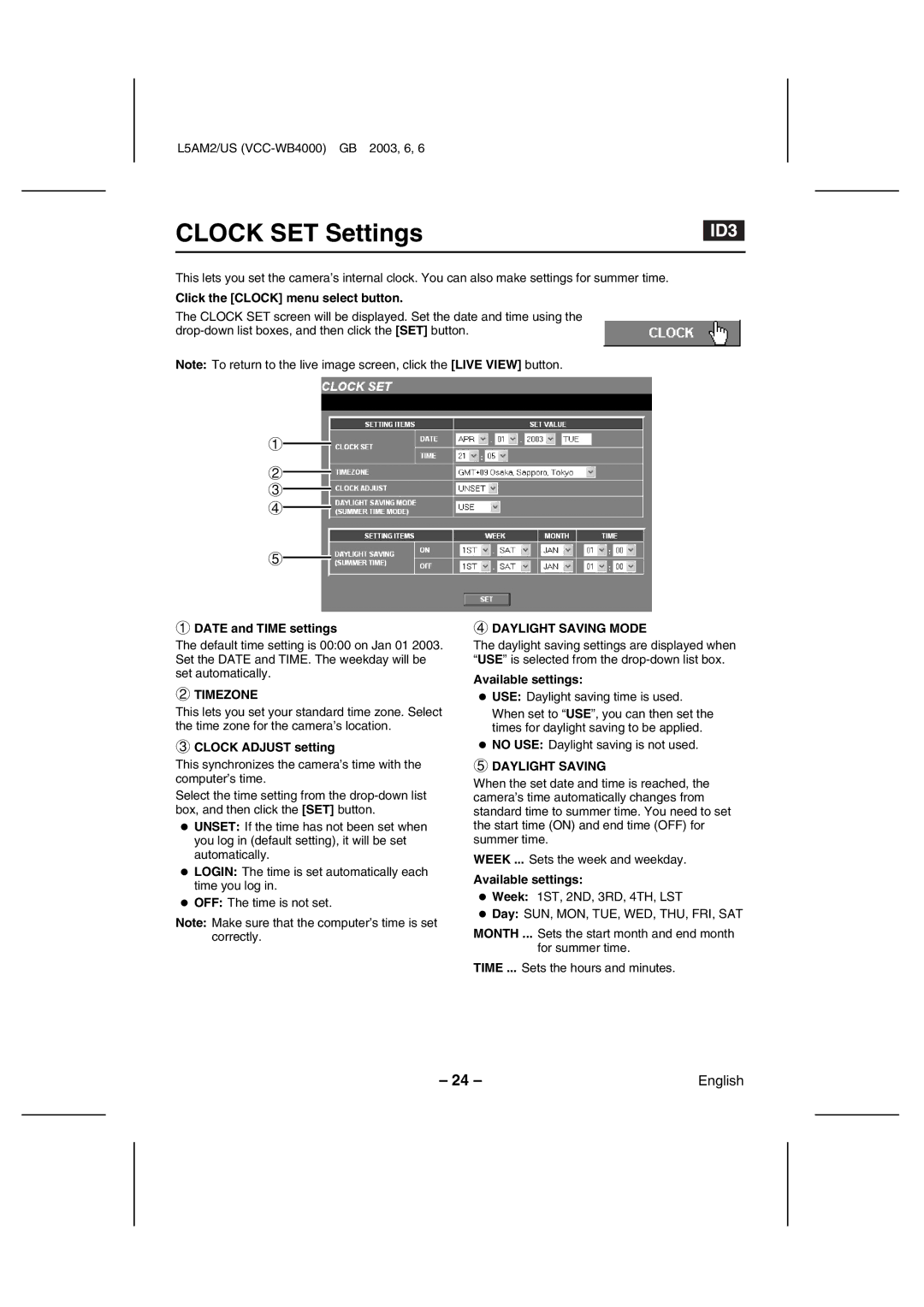 Sanyo VCC-WB4000 instruction manual Clock SET Settings, Timezone, Daylight Saving Mode 