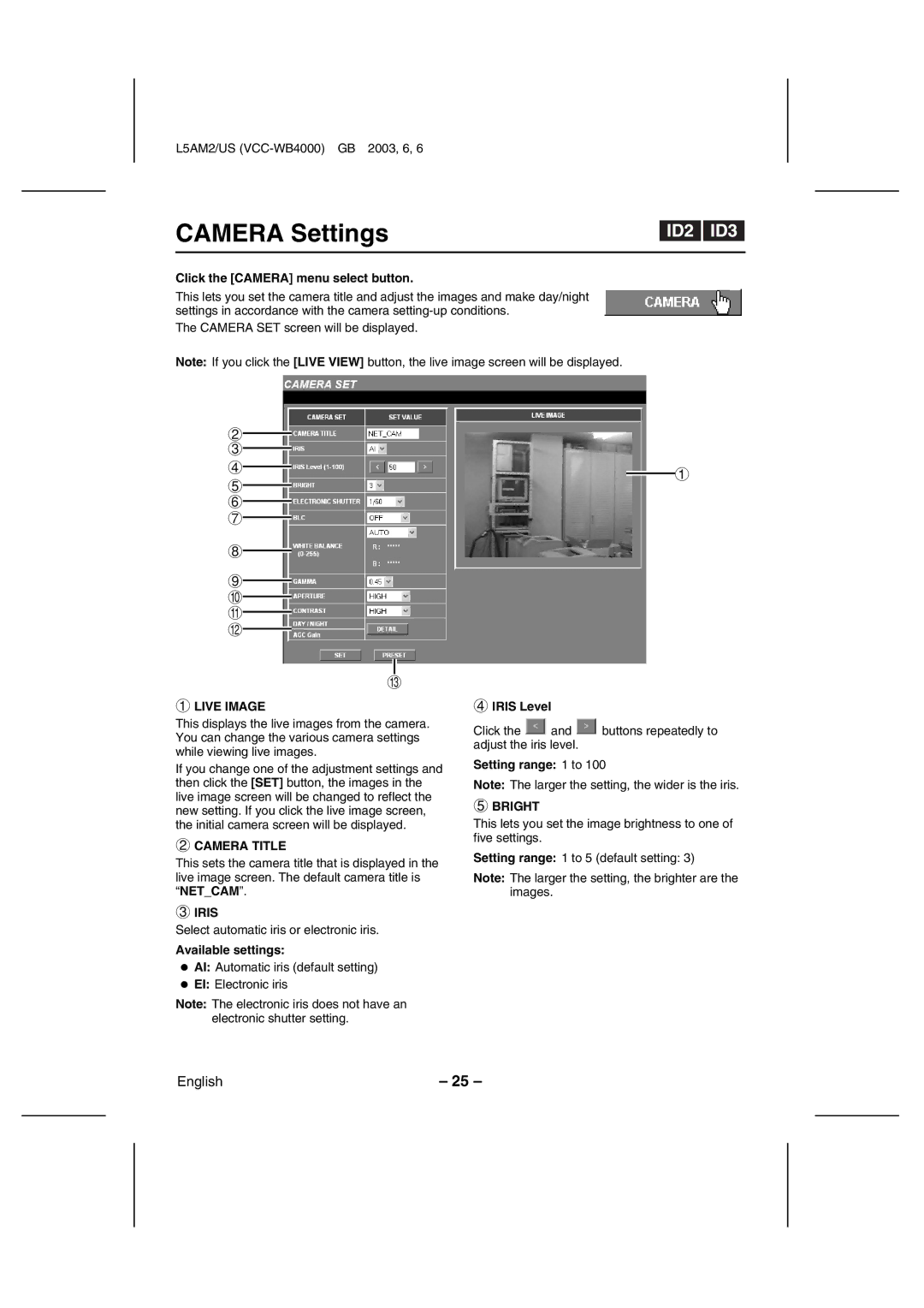 Sanyo VCC-WB4000 instruction manual Camera Settings, Live Image, Camera Title, Iris, Bright 