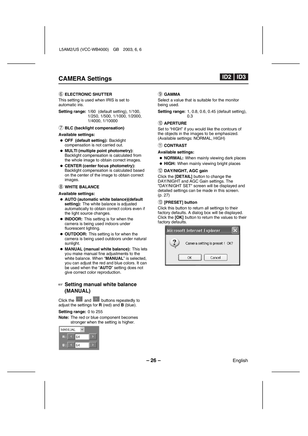 Sanyo VCC-WB4000 instruction manual Camera Settings, Setting manual white balance Manual 