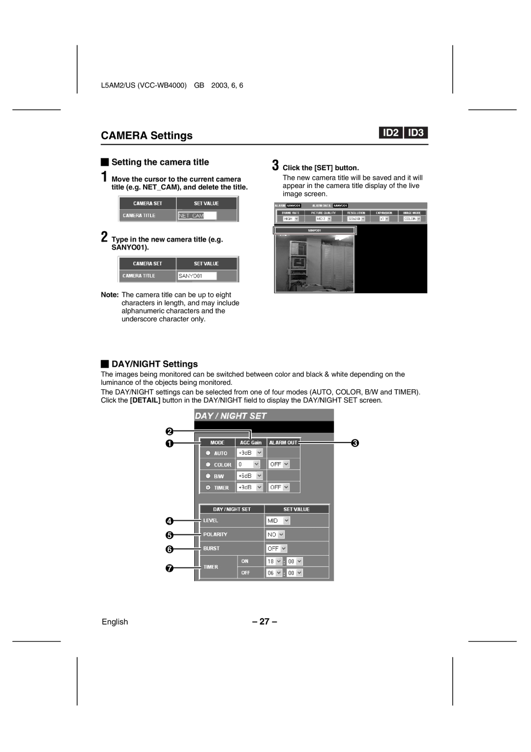 Sanyo VCC-WB4000 instruction manual Setting the camera title, DAY/NIGHT Settings 