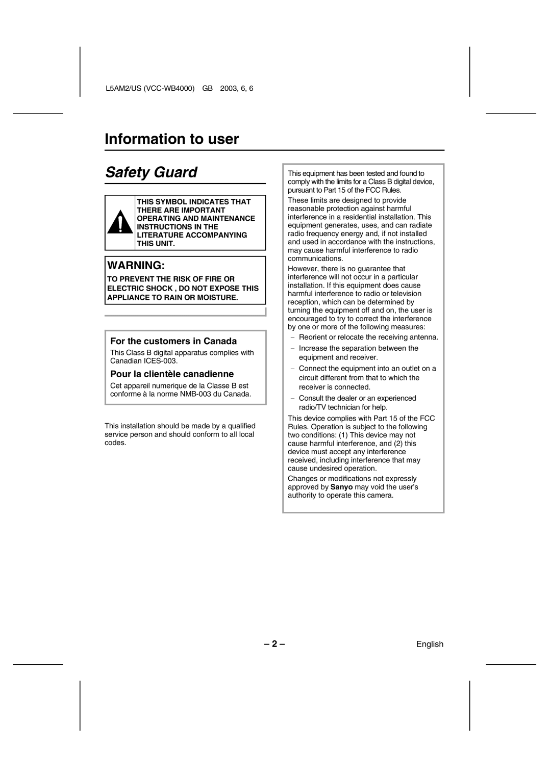 Sanyo VCC-WB4000 instruction manual Information to user, For the customers in Canada, Pour la clientèle canadienne 